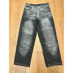 Vintage GodBody Baggy Jeans 34x32 Y2K Wide Leg Lightning Wash GB Denim Tech 12"
